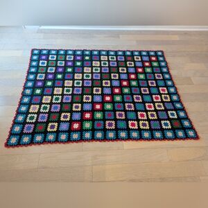 Vintage 1970s Handmade Crochet Granny Square Throw - Multicolor on Black